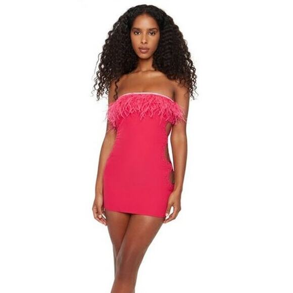 Guizio Feather Trim Embellished Cut-Out Mini Dress Magenta‎ Pink Size Small - Picture 12 of 12